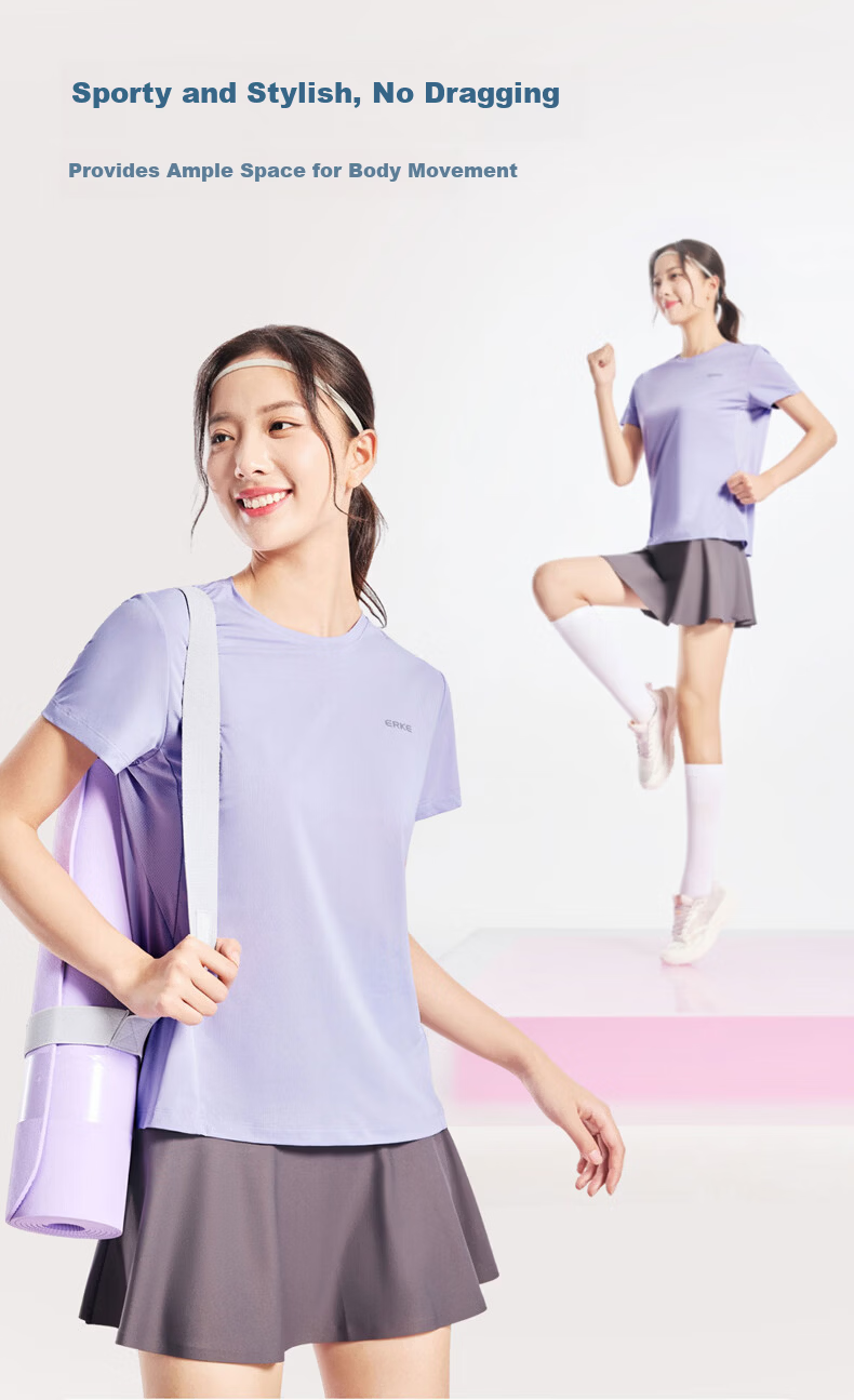 Erke Women's Summer New Round Neck Ice Cool Quick-Dry Solid Color Casual Sports T-Shirt 4