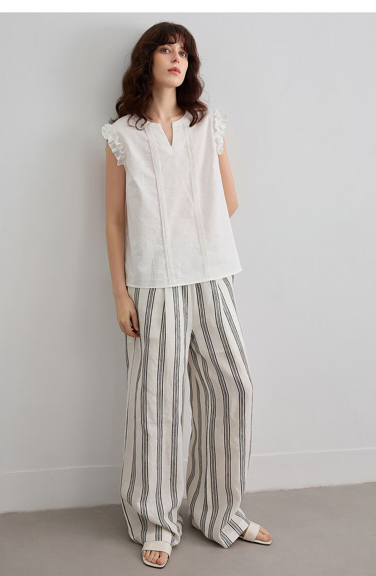 Demana [With Linen Cotton] Summer Elegant Commuter V-Neck Ruffled Loose Blouse for Women 14