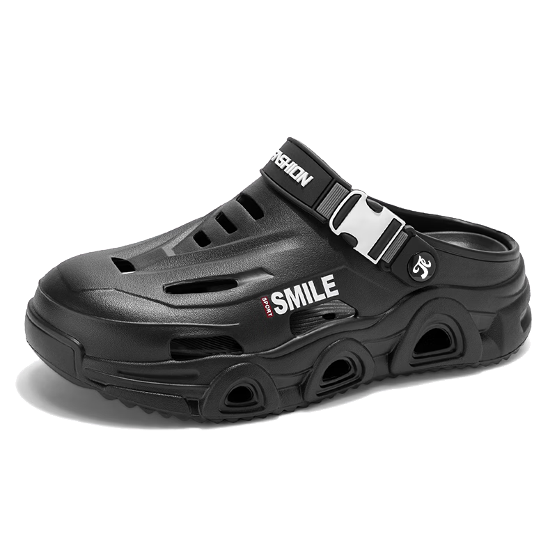 TonLion Men's Sandals 2026 Summer Breathable Hole Shoes Thick Sole Dual-Purpose Beach Slippers Pure Black Size 44-45
