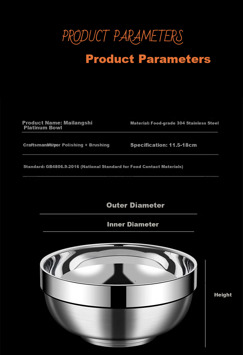 Mailangshi 11.5cm Double-Layer Thickened 304 Stainless Steel Soup Bowl, Anti-Scald Commercial Rice Bowl for Canteen 14