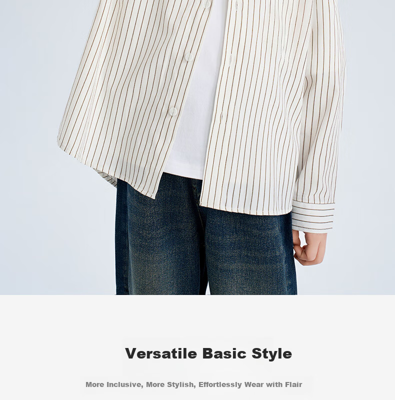 Luomeng Children's White Base Coffee-Colored Long-Sleeve Striped Shirt, Boys' Preppy Style Casual Versatile Spring And Autumn Shirt, White, Size 170 3