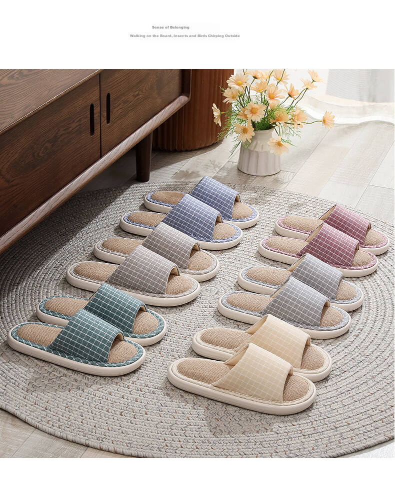 OHMYK Linen Slippers Men Spring Autumn Indoor Non-slip Breathable Four Seasons Cotton Linen Fabric Slippers Women Navy Blue Size 40-41 11