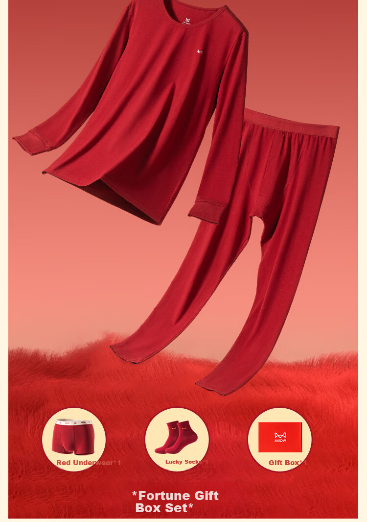 MiiOW 10A Antibacterial Mite-Resistant Red Thermal Underwear Set for Women, Autumn Cotton Long Johns and Socks 9