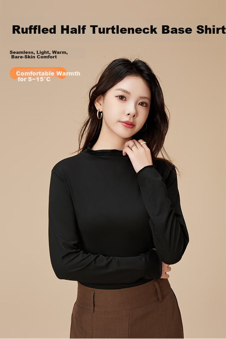 Ordifen Women's Turtleneck Base Shirt Autumn Winter Long Sleeve Ruffled Slim Fit Black M 1