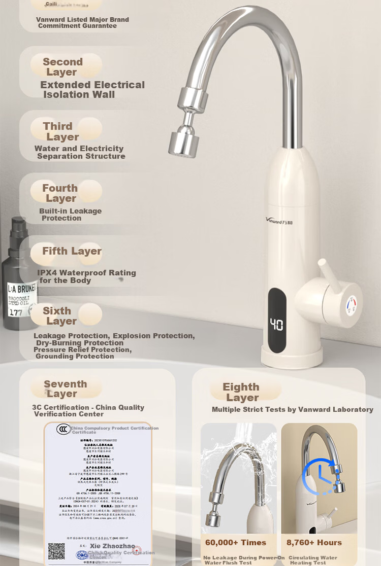 Vanward Instant Electric Water Heater Faucet Quick Heating Hot Water Universal Swivel Faucet Dual Use Hot and Cold Thermostatic Kitchen Bathroom Balcony Digital Display Household Small Water Heater 19 8