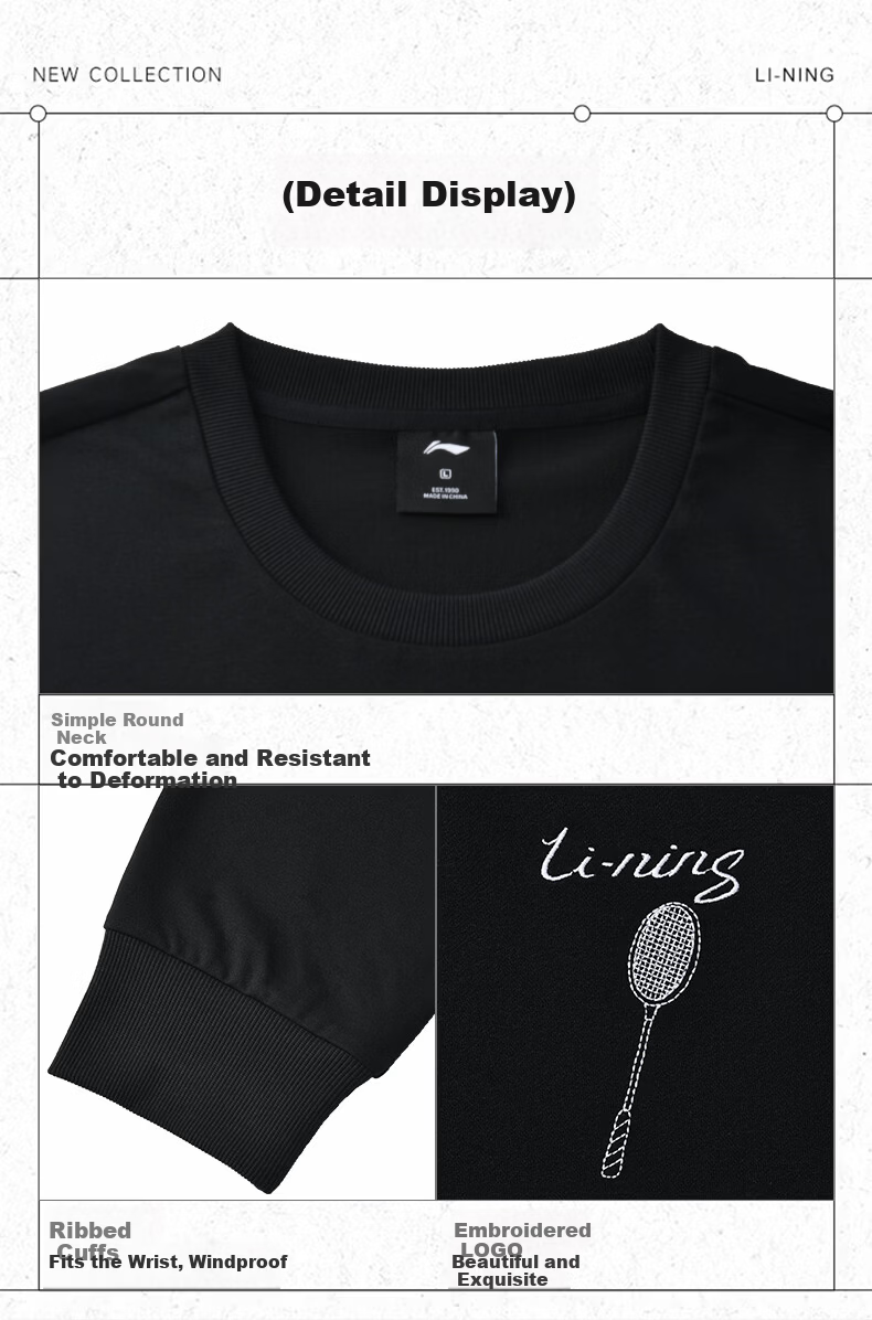 LI-NING Unisex Badminton Sweatshirt Autumn Winter Crewneck Fleece Lined Warm Comfortable Black XL 5