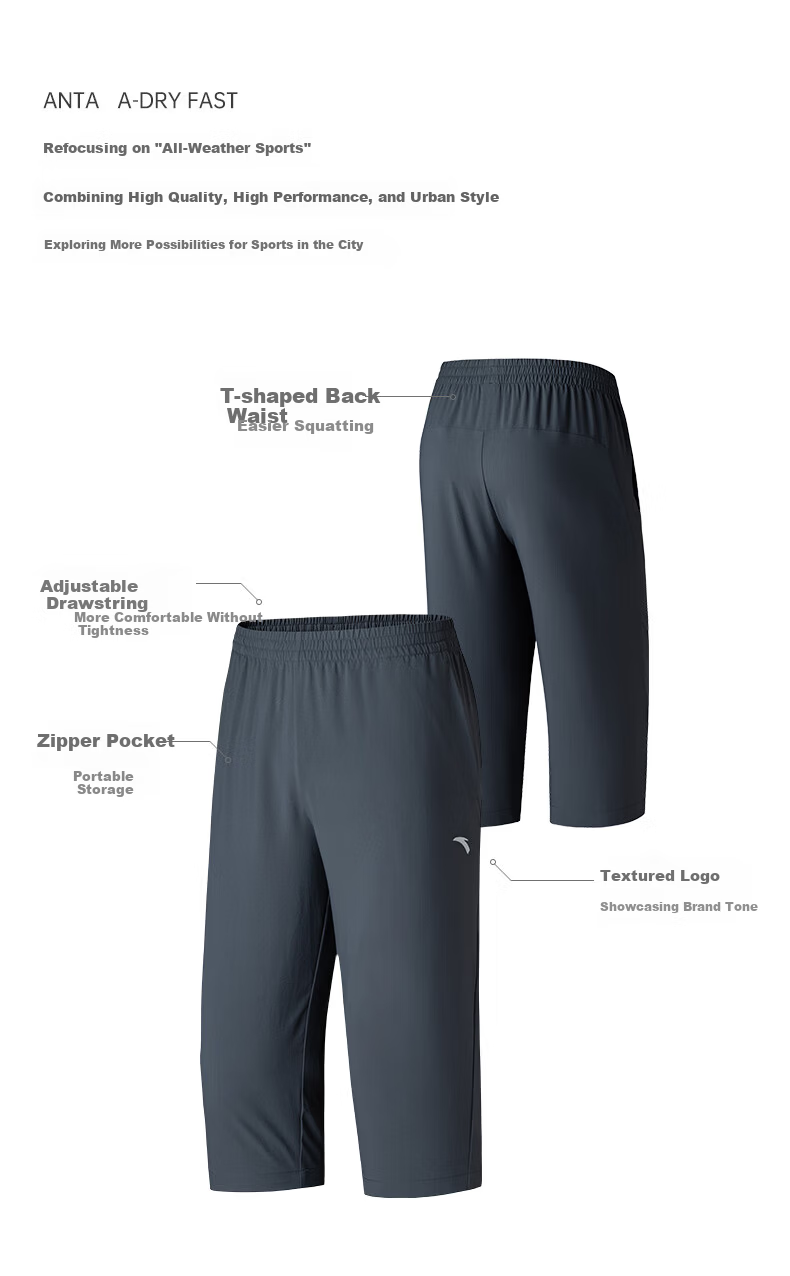 Anta Quick-Dry Pants | Men's Summer Sports Pants Moisture-Wicking Breathable Ice Silk Shorts Capri Casual Lightweight Mid-Length Pants 3