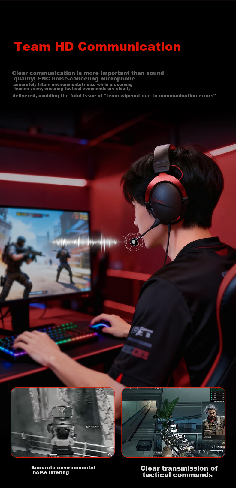 DAREU A3 Gaming Headset Over-Ear Four-Mode Bluetooth Wired Wireless Headphones Delta Operation Esports PC Headset FPS PUBG Positional Audio 7.1 Channel Black Orange 5