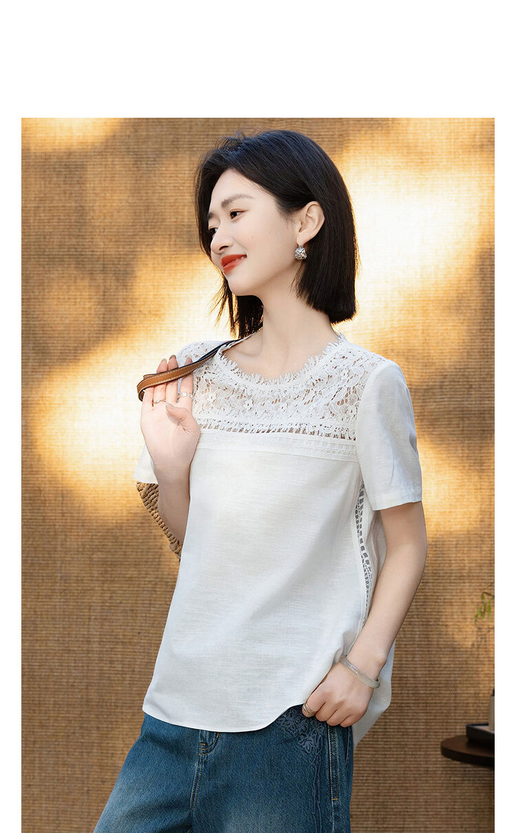 Demana Fresh Cotton Summer Elegant Urban Lace Splice Short Sleeve Loose Slimming Shirt for Women High-End Feel 10