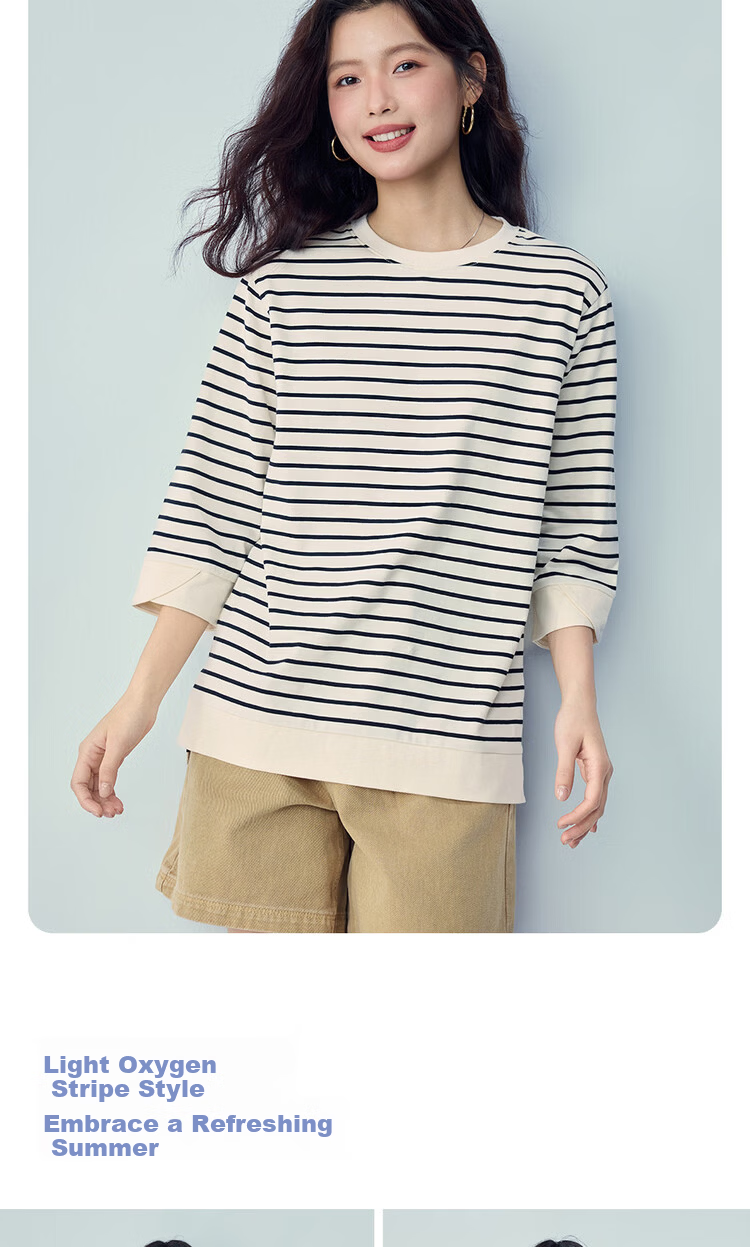 Giordano Women's T-Shirt 2026 Summer Cotton Striped Round Neck High-Low Hem 3/4 Sleeve Top 05326387 8