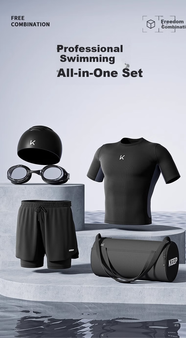 Keep Men's Swimwear Set Double-Layer Swim Shorts Sun Protection Anti-Embarrassment Professional Swimming Gear Full Black Set XL 7