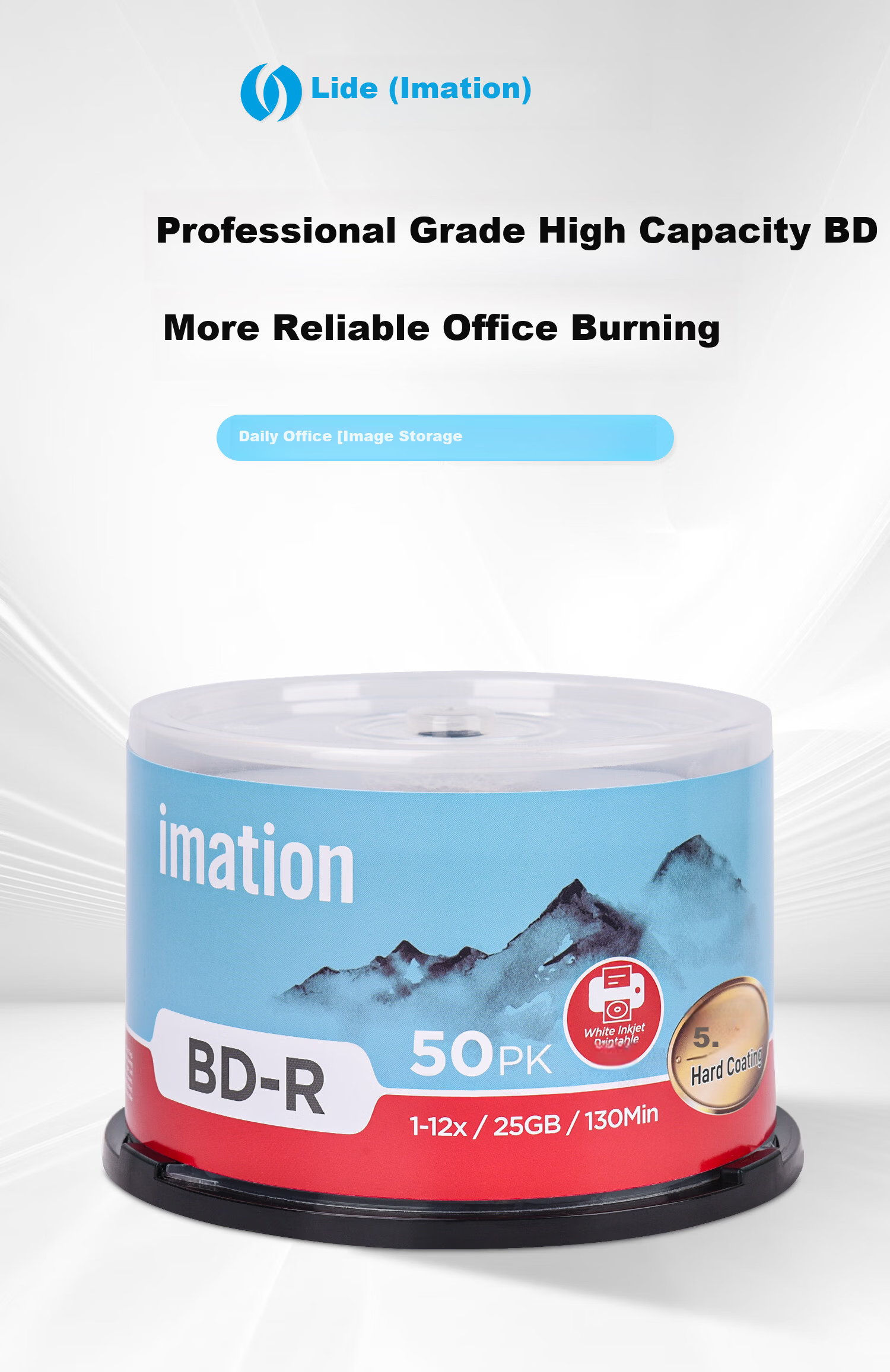 IMATION Laide BD-R Blu-ray 25GB 12X High Capacity Waterproof Quick-Dry Printable Blank Disc Customizable Surface Video Archive Storage 50-Pack Spindle 1
