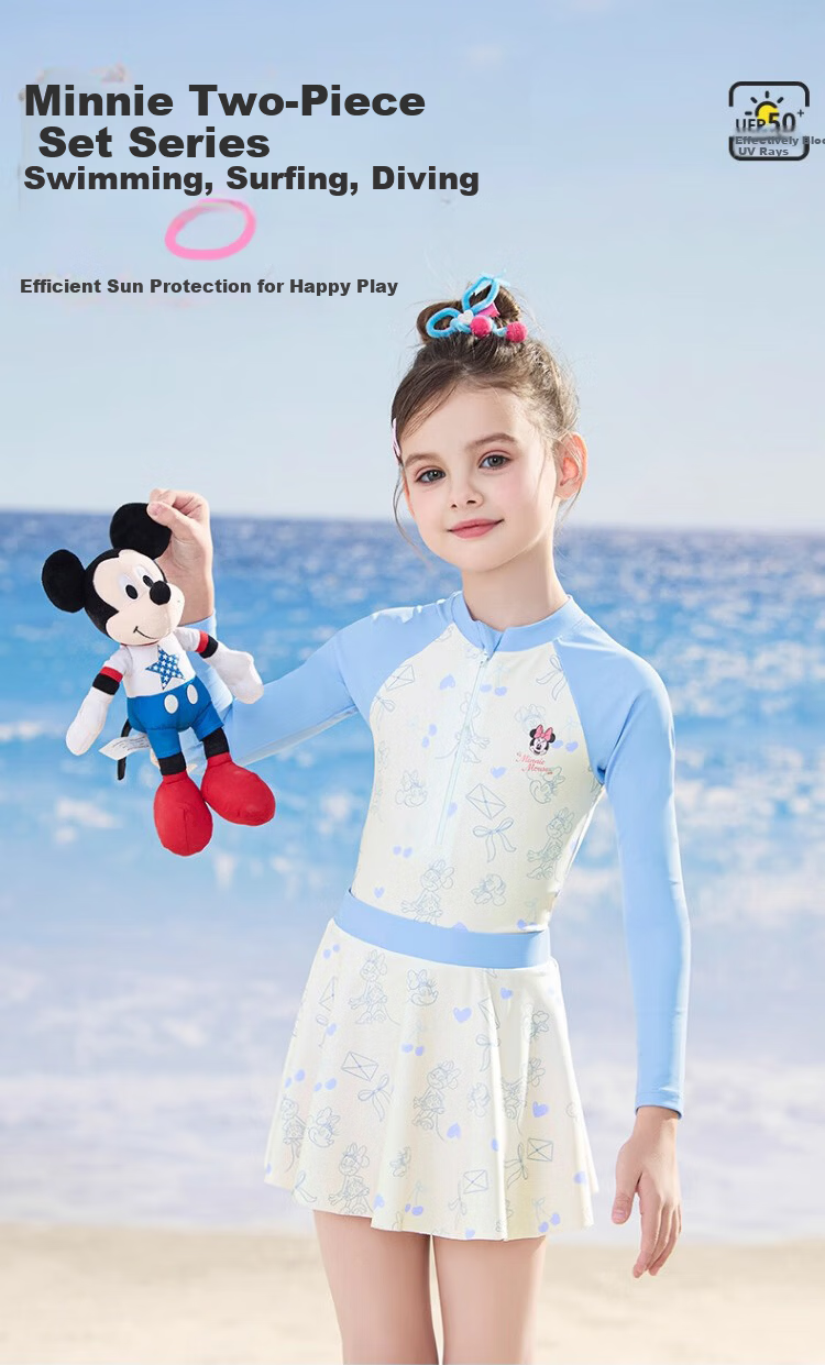 Disney Kids Girls' Swimsuit Long Sleeve Sunscreen One-Piece Swimwear for Ages 6-12 D35363 Blue Size 130 1