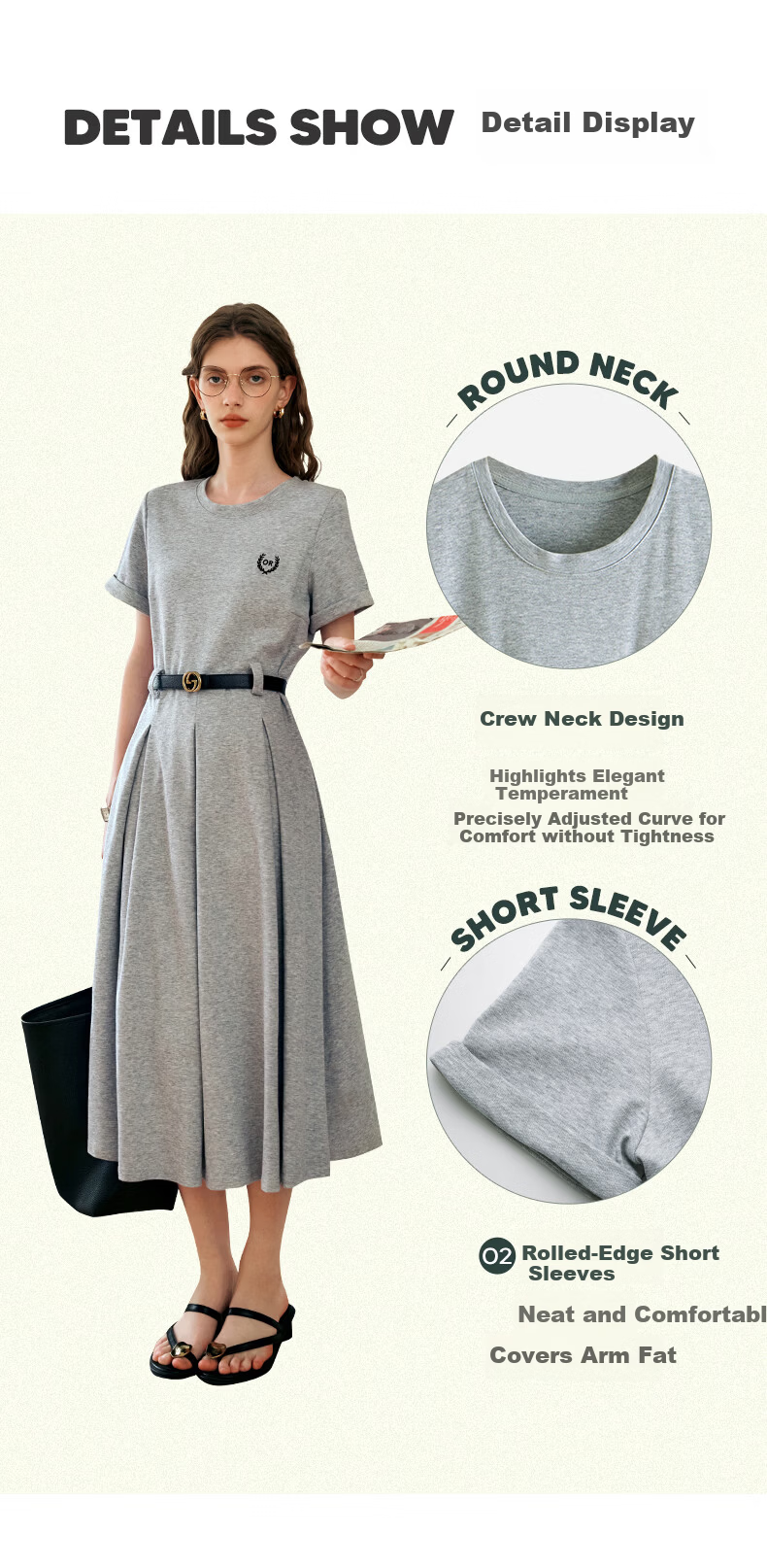 Olrain Eurie Knit Dress Women's Summer Commuter College Style Casual Waist Slimming Long Dress Light Gray S 12