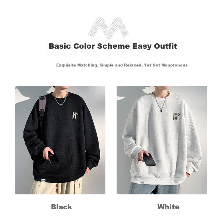MARK FAIRWHALE Men's Sweatshirt Spring and Autumn Trendy Brand Crewneck Jacket Plus Size Loose Fit Black XL 3