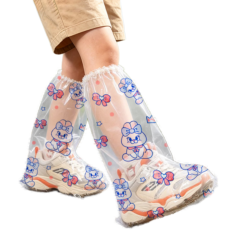 Qihaiqiu Kids Disposable Waterproof Rain Shoe Covers Thickened High-Top Rain Boots Long Cartoon Bunny Design 10-Pack