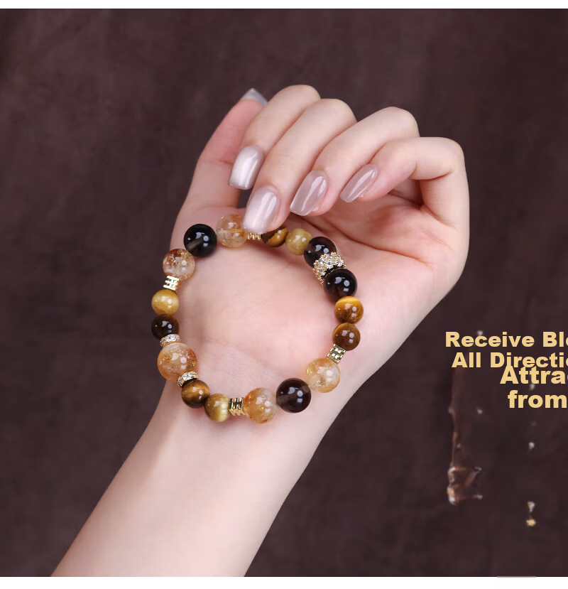 Mofan Tiger Eye Stone Yellow Rutilated Quartz Multi-Crystal Double Circle Zodiac Year Lucky Bead Bracelet Birthday Gift for Couples 2