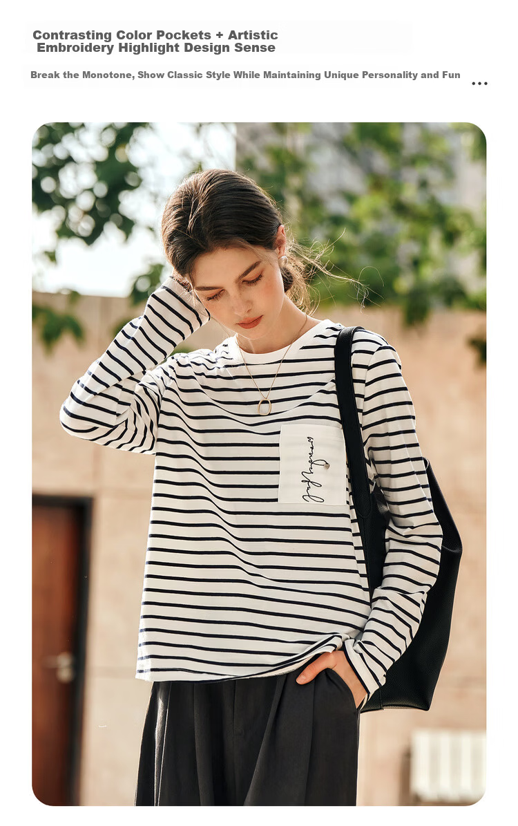Olrain Eurier Women's Striped Long Sleeve T-Shirt Spring Design Pocket Embroidery Top Striped (Upgraded) XL 7