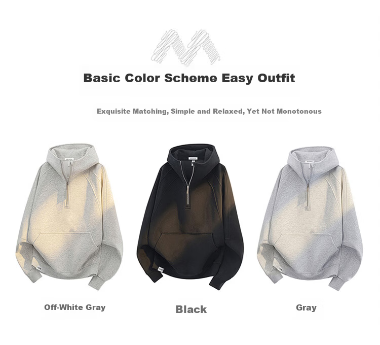 MARK FAIRWHALE Heavyweight Hoodie Men's Spring and Autumn Half-Zip Hooded Jacket Unisex Couple Top White Flower Gray 3XL 3