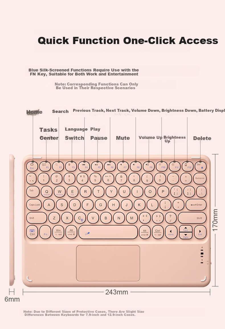 B.O.W Hangshi HB252 Ultra-thin Bluetooth Wireless Touch Keyboard for iPad Xiaomi Huawei Apple Tablet Mobile Laptop Silent Rechargeable Keyboard Pink 8