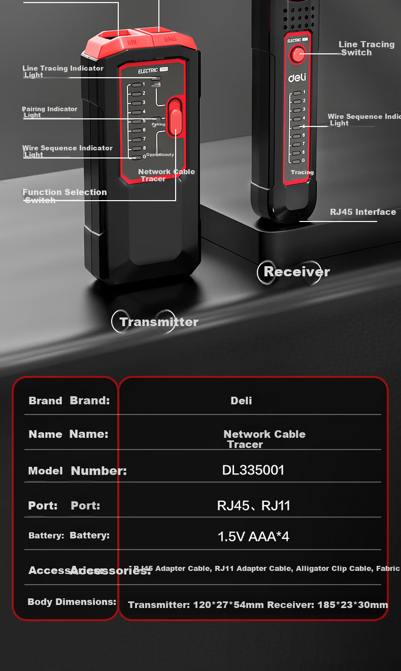 Deli Multifunctional Network Cable Tester Telephone Line Tracker Network Line Tracing Instrument 11