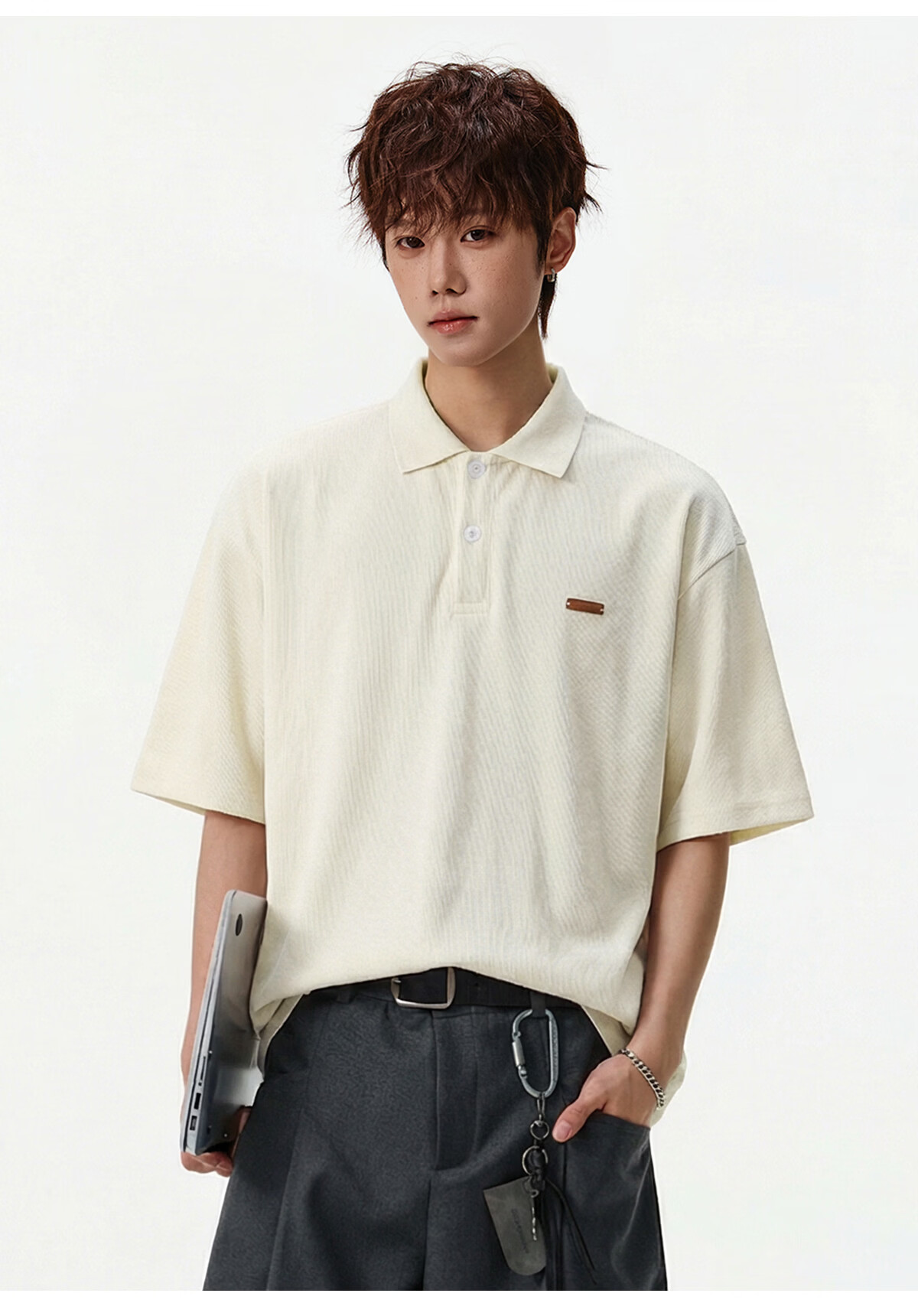 POUM Japanese Style Trendy Men's Polo Shirt Short Sleeve Summer Premium Texture Casual T-Shirt MP7201 Off-White M 6