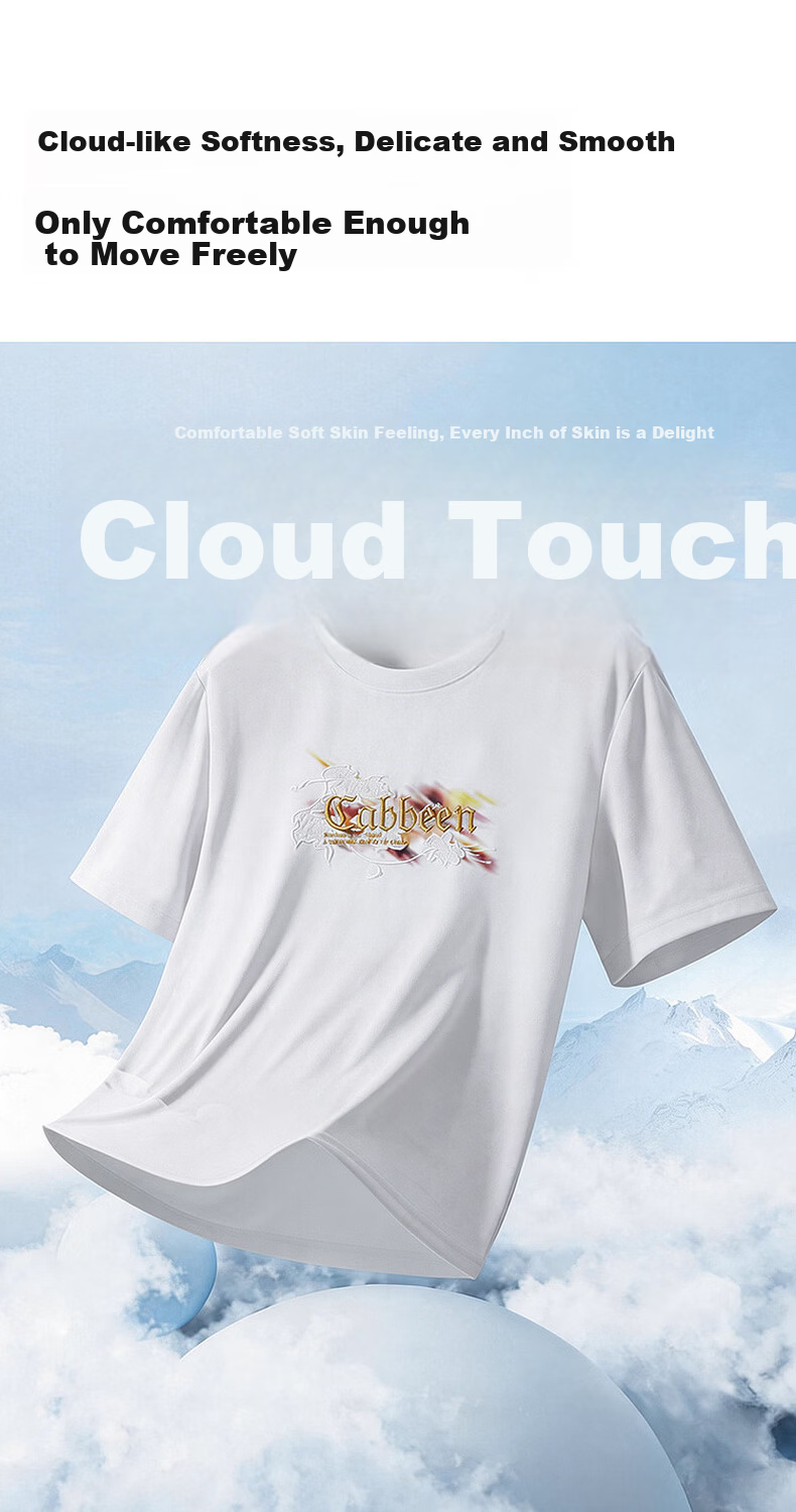Cabbeen [Gold Label Embroidery] Cool Feeling Printed Short Sleeve T-Shirt Men's 2025 Summer Trendy Crew Neck Top Bleached White Size L 7