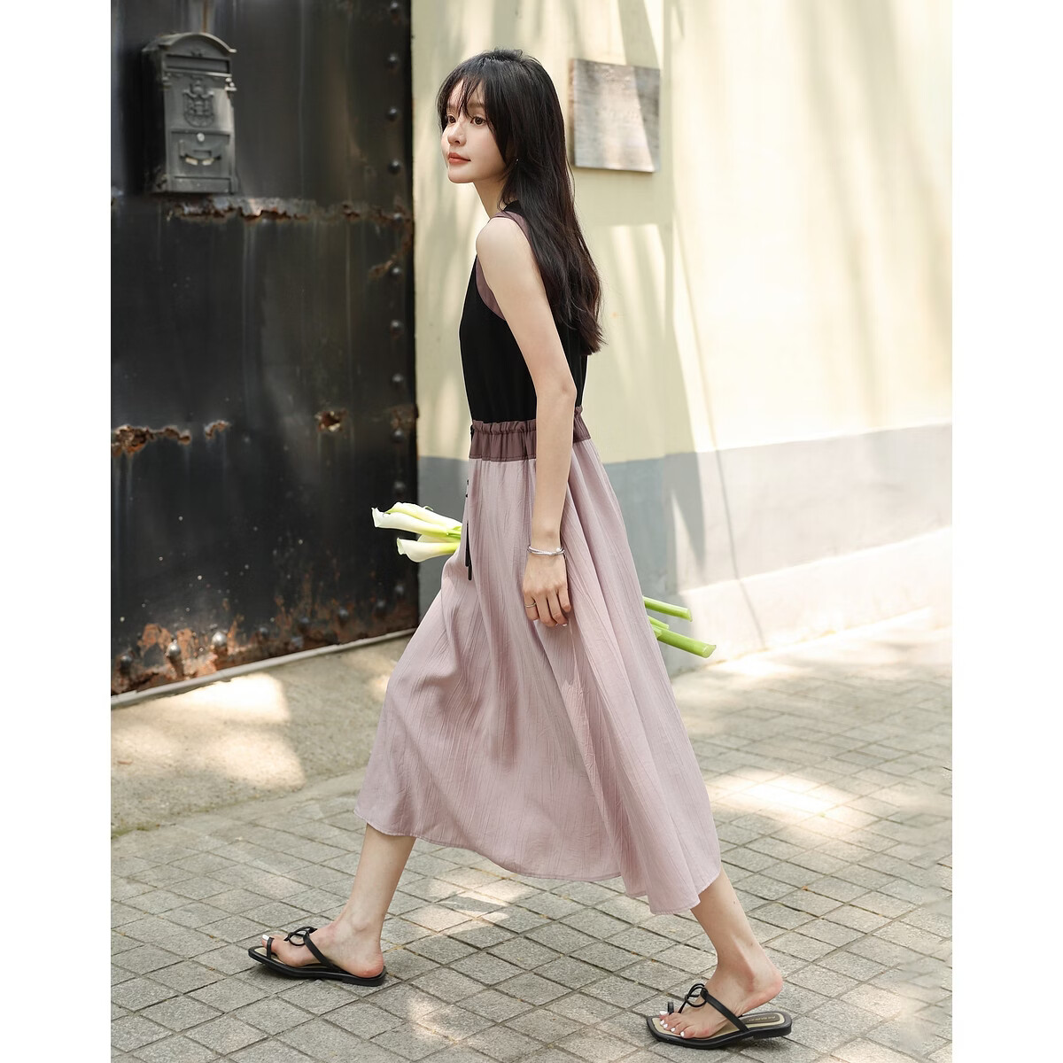MT Relax Trio Summer Urban Colorblock Drawstring Crew Neck Sleeveless T-Shirt Style Long Dress for Women
