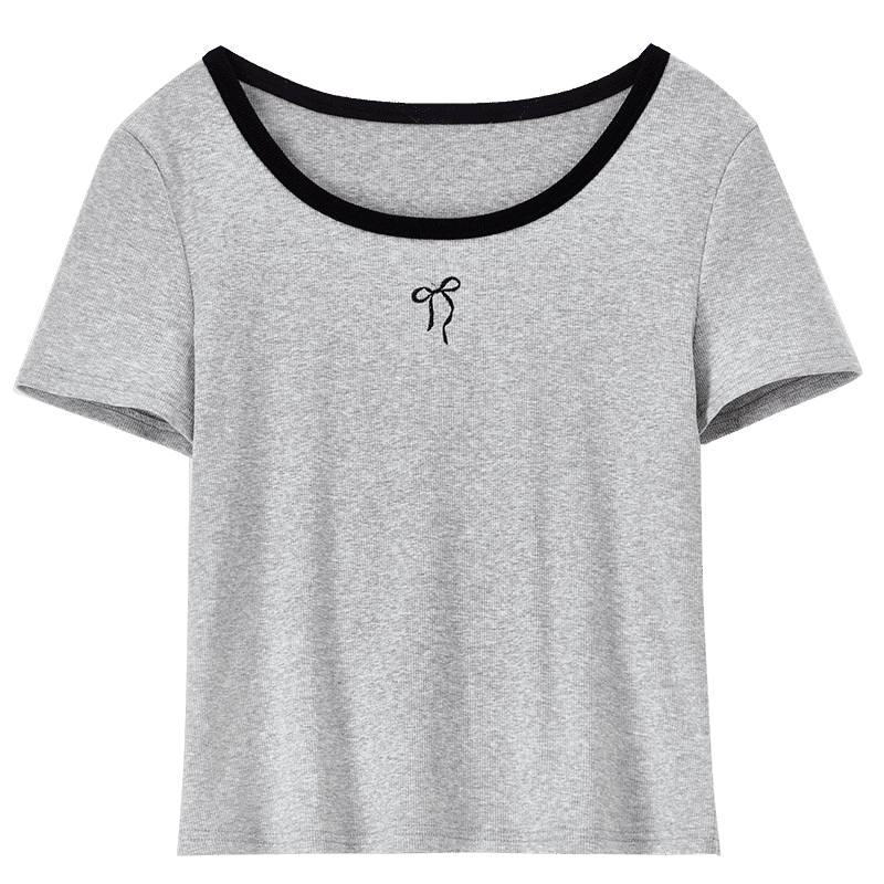 Shangdu Bila Colorblock U-Neck Cotton Blend T-Shirt Women Spring Bow Embroidery Stretch Knit Top Gentle Youthful Temperament Layering
