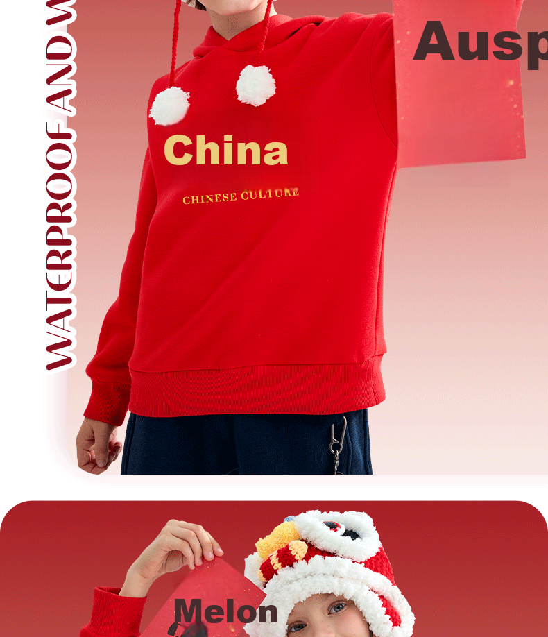 Baleno Boys Red Fleece Lined Hoodie Winter Sweatshirt Kids New Year Clothing Big Boys Lunar New Year Top 8