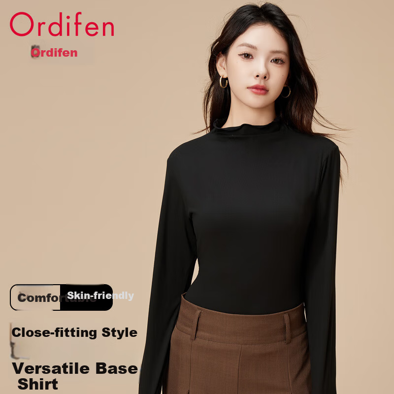 Ordifen Women's Turtleneck Base Shirt Autumn Winter Long Sleeve Ruffled Slim Fit Black M