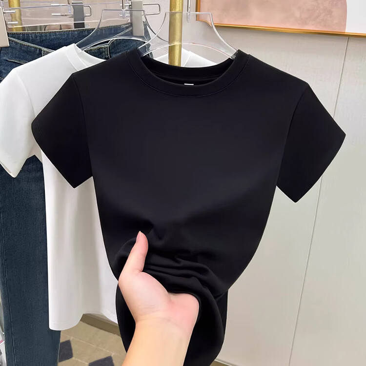Shuangxing Women's Threaded Short Sleeve T-Shirt Summer New Slim Fit Black M 7