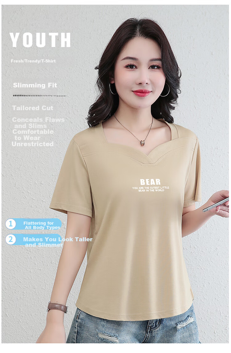 Woodpecker Ice Silk Short Sleeve T-Shirt Women Summer New Middle-Aged Thin Slim Casual Half Sleeve Top Royal Blue 3XL 1