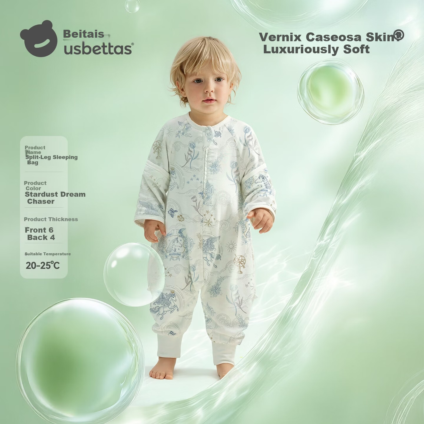 Betis Baby Sleeping Bag Spring Summer Vernix Caseosa Skin Children's Legged Sleeping Bag Infant Anti-Kick Quilt Pajamas Front 6 Back 4 Stardust M
