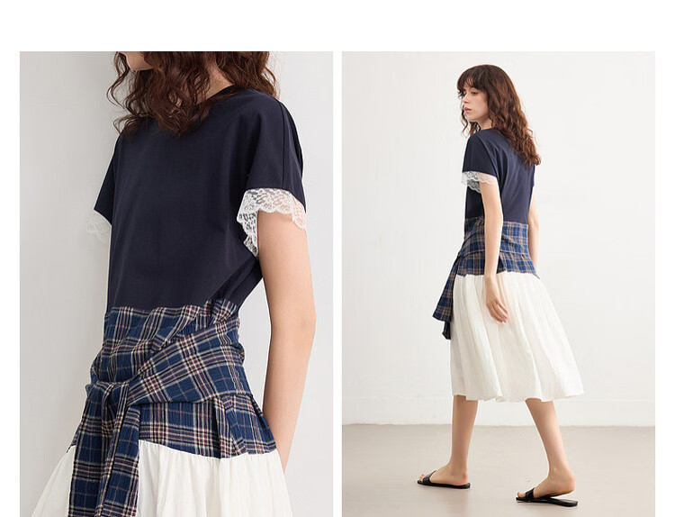 Demana Soft Cloud Oxygen Cotton Summer Korean Style Plaid Patchwork Lace Trim Elegant A-Line Mid-Length Dress for Women 9