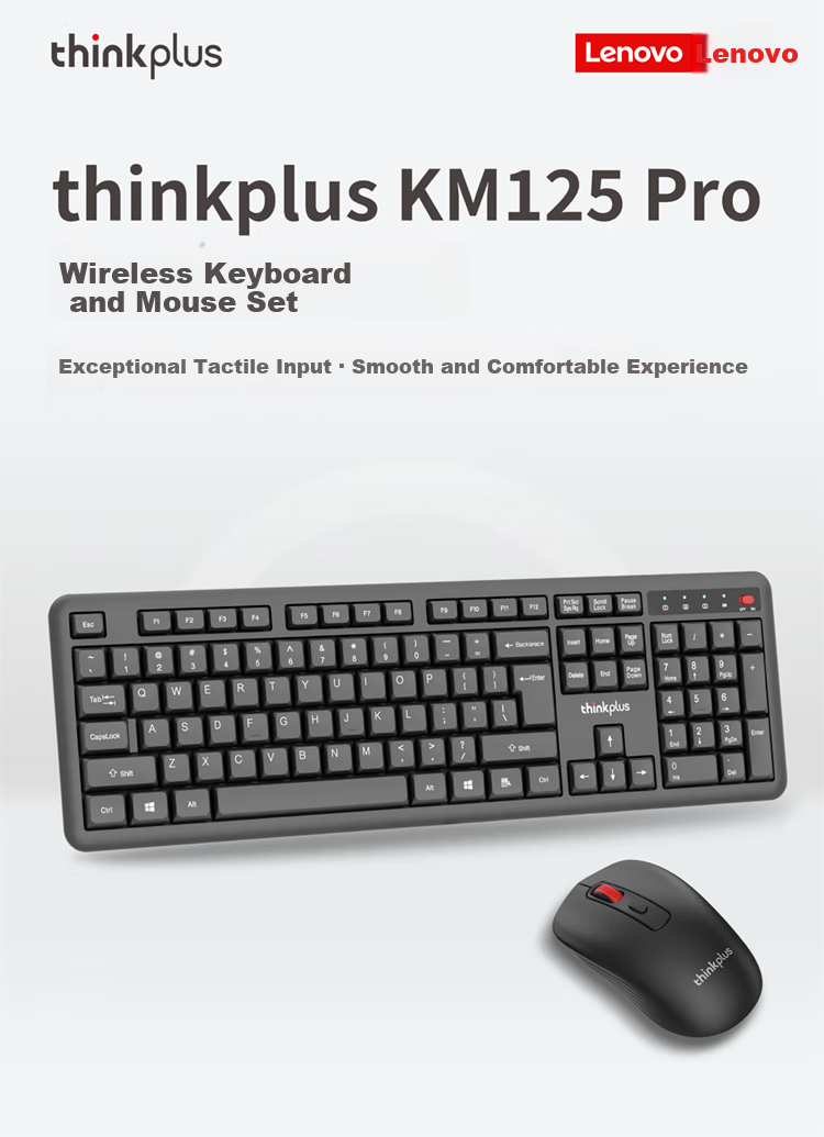 ThinkPlus Wireless Keyboard And Mouse Combo, Full-Size Keyboard, Classic Think Red Dot, Business Office, KM125 Pro 1