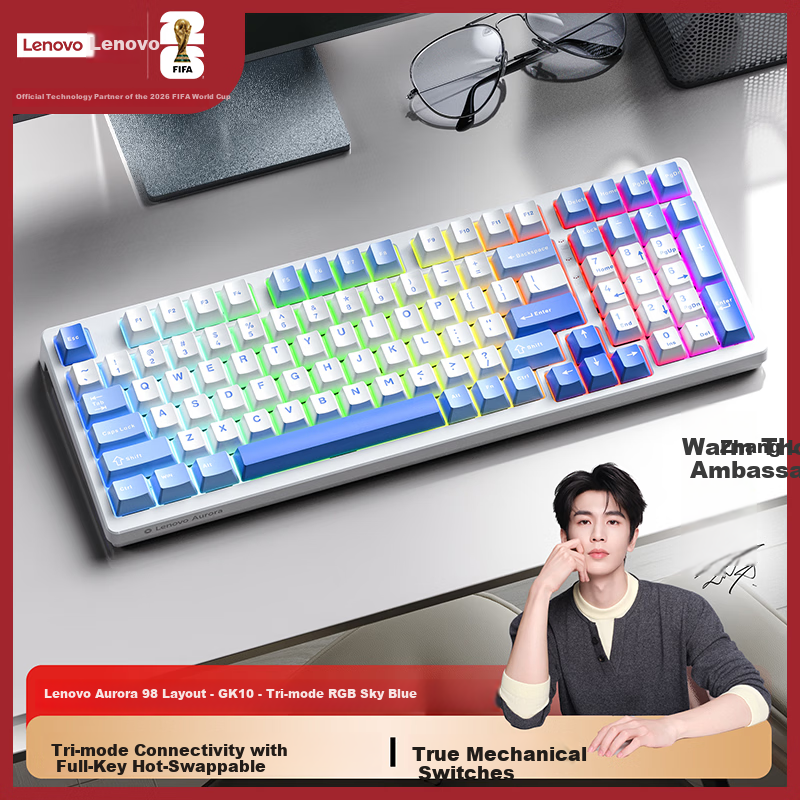 Lenovo GK10 98W Wireless Bluetooth Tri-Mode Mechanical Keyboard RGB Backlight Hot-Swappable All Keys Gaming Keyboard Aurora Series Sky Blue Switches