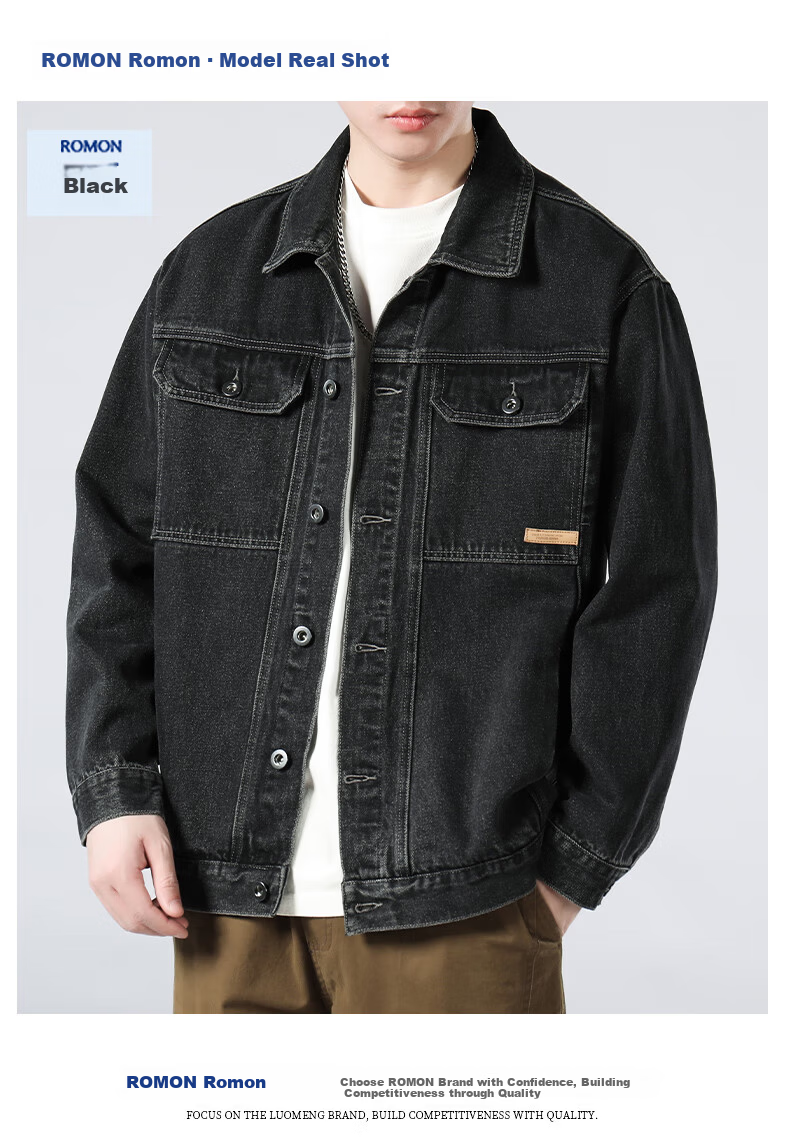 ROMON [Workwear Retro] Men's Jacket, Summer Turn-Down Collar, Loose-Fitting Trendy American Casual Denim Coat, Black And Gray, Size L 9