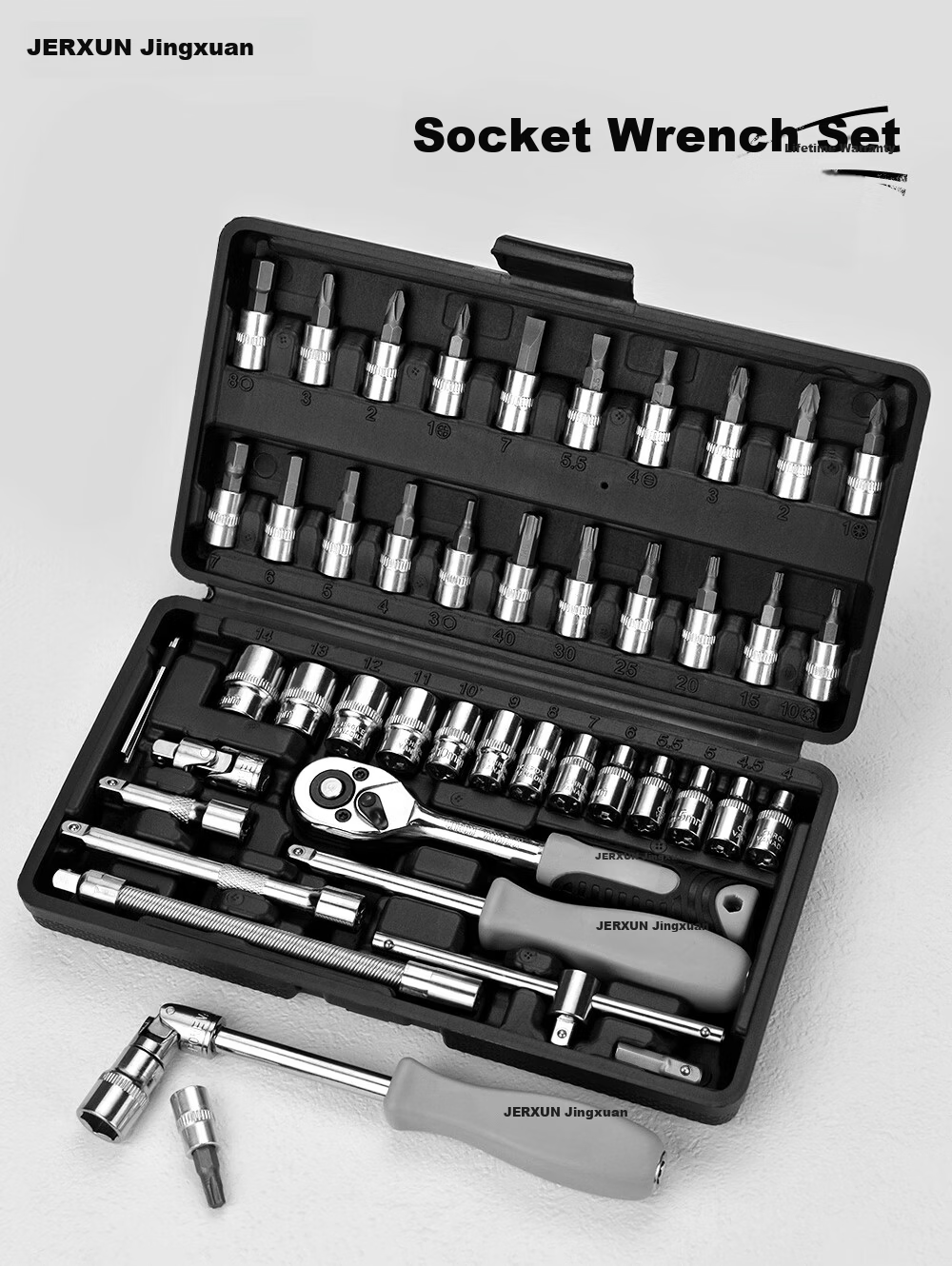 JERXUN 46-Piece Socket Wrench Auto Repair Tool Kit Ratchet Motorcycle Repair Road Quick Set Wrench Torque Screwdriver 1