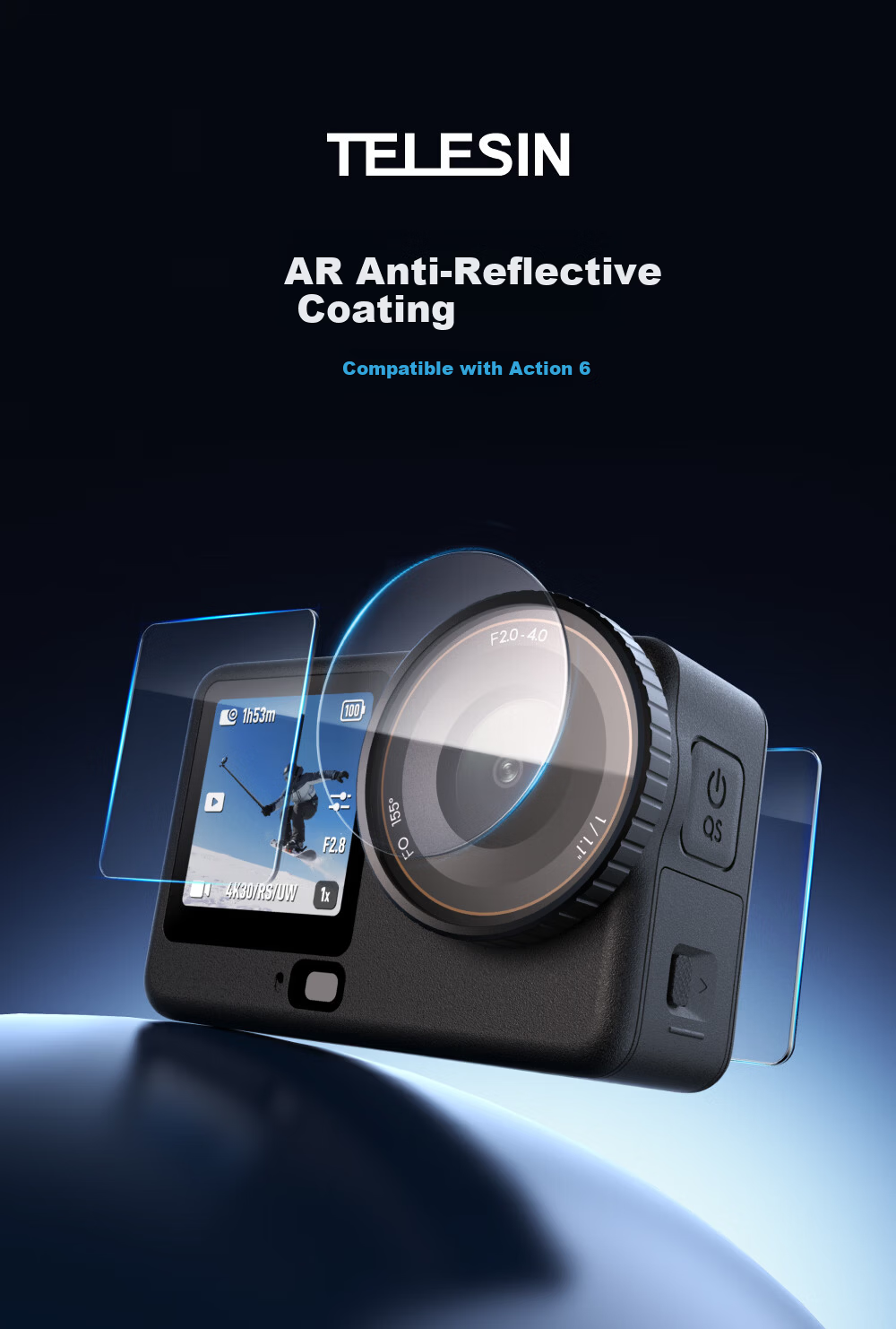 TELESIN Anti-Glare Tempered Glass Screen Protector for DJI Action 6 AR Sports Camera Lens and Display Film with Quick-Apply Positioning Frame 1