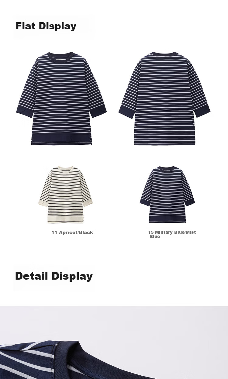 Giordano Women's T-Shirt 2026 Summer Cotton Striped Round Neck High-Low Hem 3/4 Sleeve Top 05326387 17