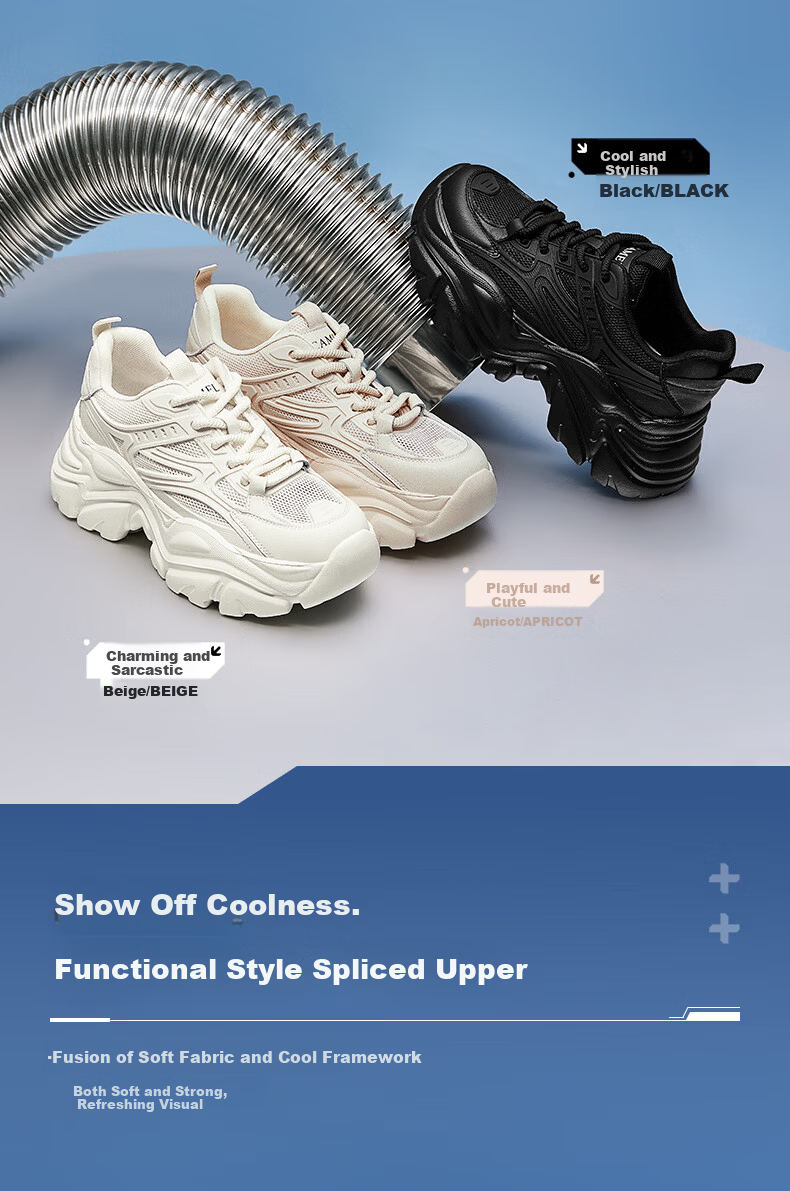 CAMEL Women's Dad Sneakers Thick Sole Casual Lightweight Breathable Soft Elastic Height Increasing Sports Shoes L24S283078 Black Size 37 14