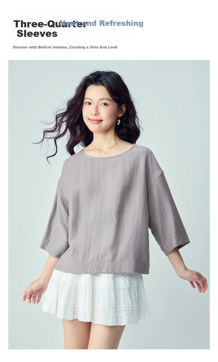 Giordano 2026 Summer New Textured Loose Casual Boat Neck Three-Quarter Sleeve Linen Shirt for Women 13346233 6
