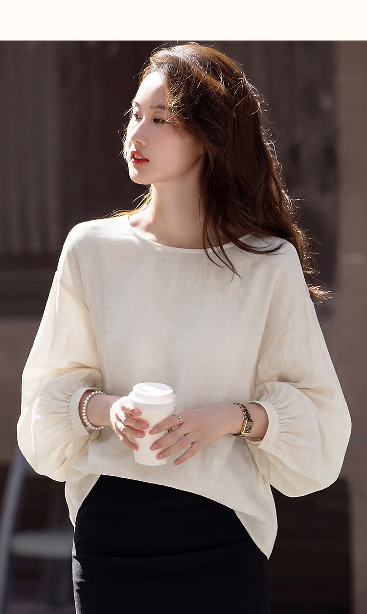 Demana [Shu Yang Pai] Spring and Autumn Acetate Linen Lyocell Blend Lantern Sleeve Straight Loose Shirt for Women 31