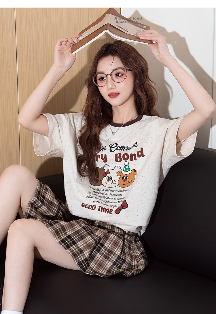 TANGSHI 2025 Summer Women's Polka Dot Floral Cartoon Print Short Sleeve T-Shirt 6