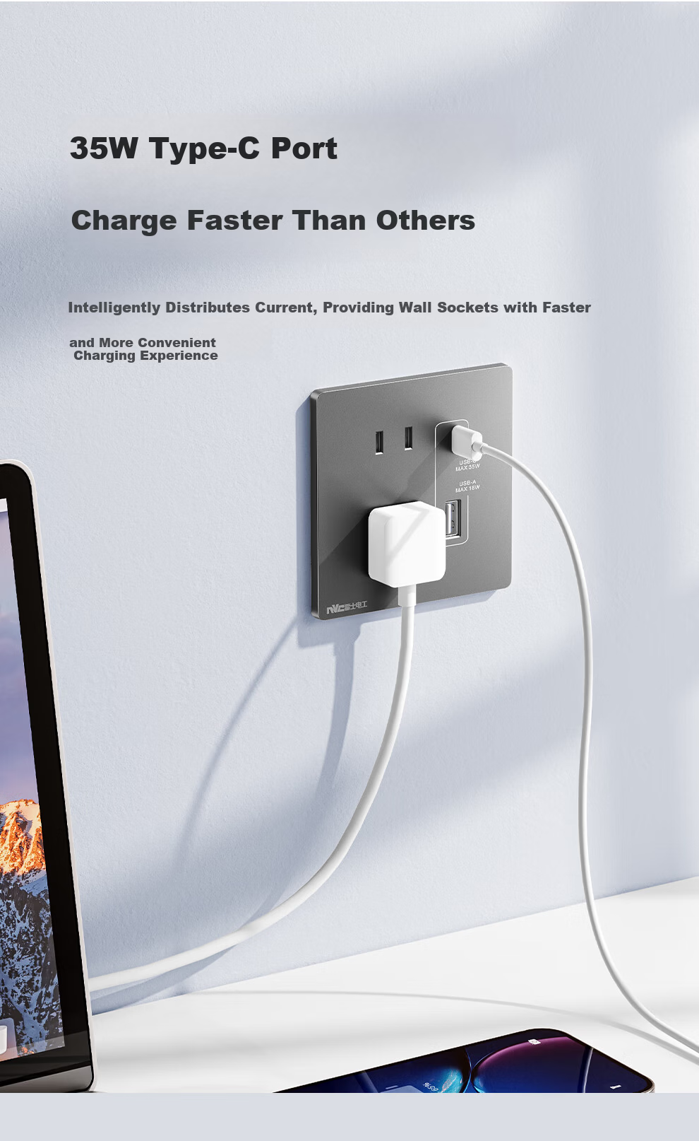 NVC Lighting Electrical Switch Socket Three-Hole 16A Socket Air Conditioner Socket 86-Type Ultra-Thin Panel N29 Misty Gray 21
