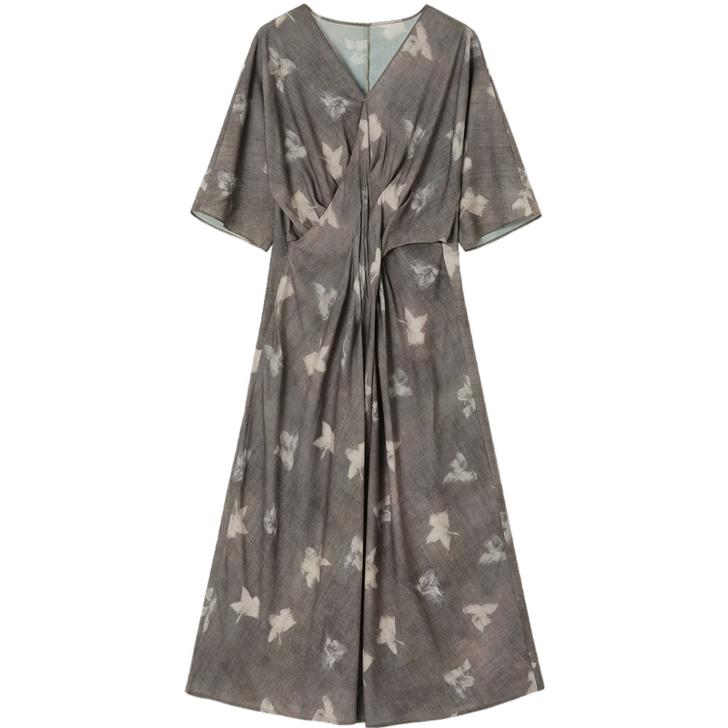 Demana Romantic Supreme Summer Vintage Floral V-Neck Waist-Defined Lightweight Flowing A-Line Mid-Length Dress for Women