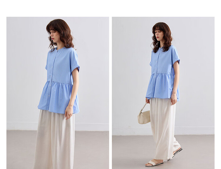 Demana Commuter Aesthetics Summer Refreshing Color-Block Striped Stand Collar Loose Fit Short Sleeve Shirt Women's Top 11