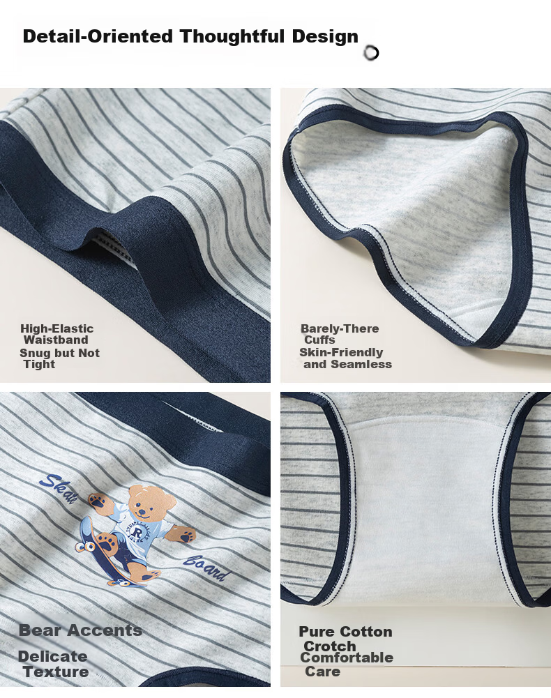 UFEEL Cotton Gusset Bear Print Girls' Underwear 2XL 140-160 Jin Striped Bear + Light Heather Gray + Polka Dot Bear 3-Pack 16