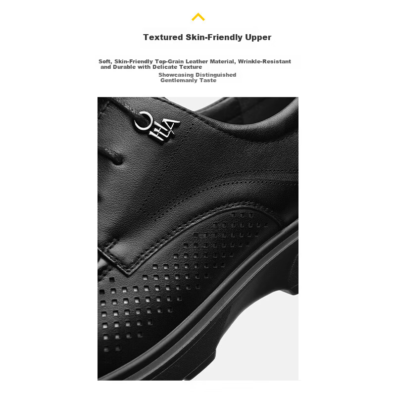 HLA Men's First Layer Cowhide Leather Shoes Summer Breathable Business Casual Leather Shoes T074 Black Size 41